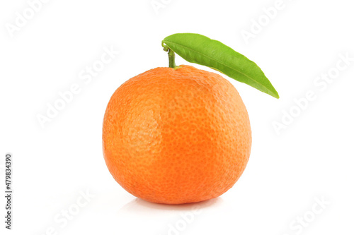 Single orange with stem and green leaf isolated on white background