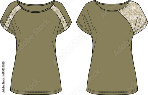 Vector short sleeved blouse fashion CAD, woman jersey top with lace on shoulders technical drawing, summer round neck t-shirt sketch, template.Jersey or woven fabric top, front, back view, white color