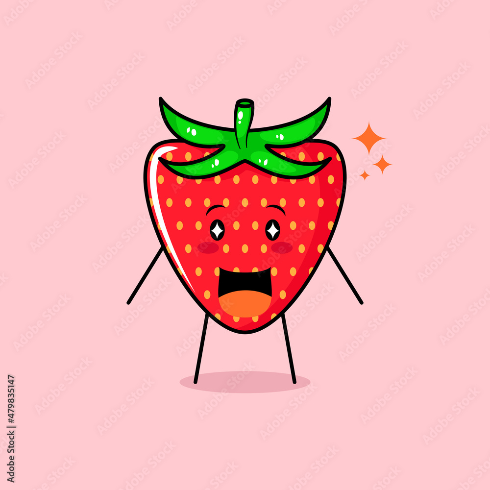cute strawberry character with smile and happy expression, mouth open and sparkling eyes. green and red. suitable for emoticon, logo, mascot and icon