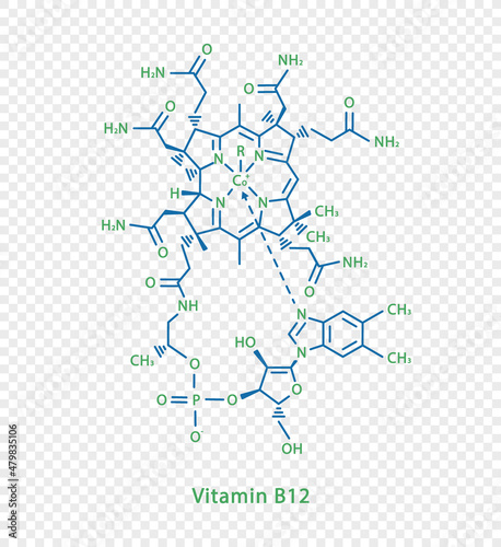 Vitamin B12 chemical formula. Vitamin B12 structural chemical formula isolated on transparent background.