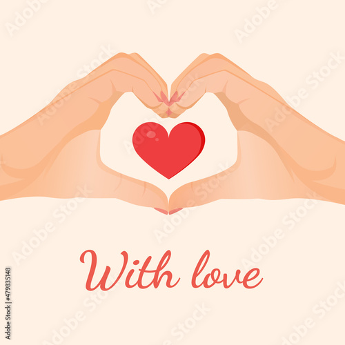 Hands form a heart sign. Greeting card for valentine's day and other holidays of hand heart gesture for postcard, textiles, decor, poster, banner, internet, social media. Vector illustration.