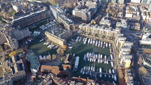Aerial drone photo of iconic Saint Katherine dock Marina as seen at Christmas time  City of London  United Kingdom