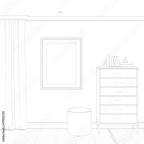 Sketch of the modern interior with a vertical poster on a wall, a round ottoman near a tall chest of drawers, curtains with parquet flooring. Front view. 3d render