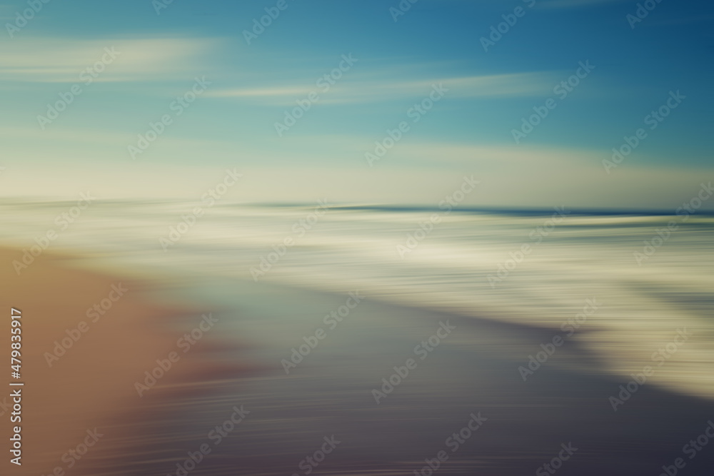 Sunset over the sea in light blue  turquoise and yellow colors, abstract seascape background, line art, soft blur