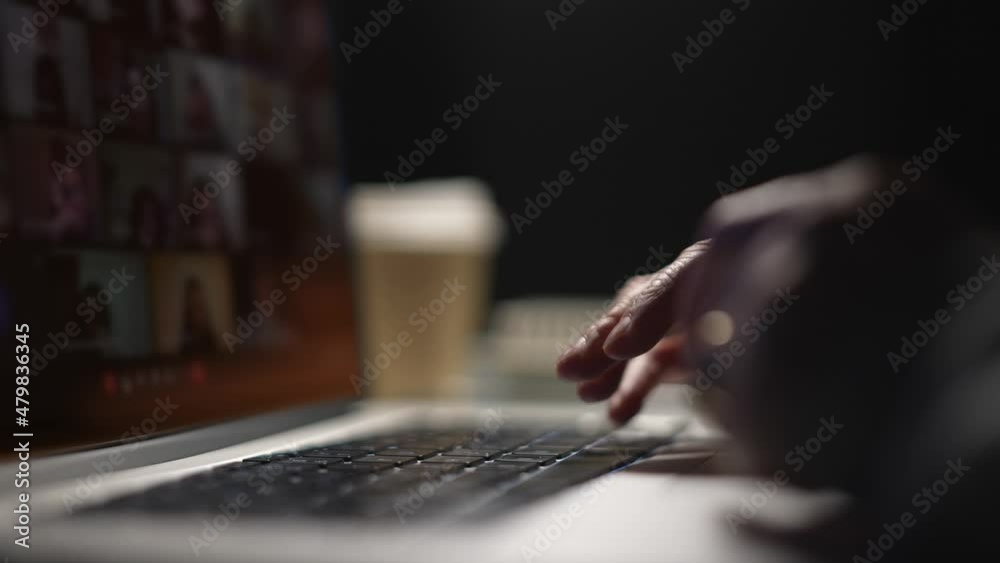 DENOISED shot of a woman businesswoman teacher's hands during a video call conference. Cup of takeaway coffee. DENOISED shot of a woman businesswoman teacher's hands during a video call conference. Cup of takeaway coffee.