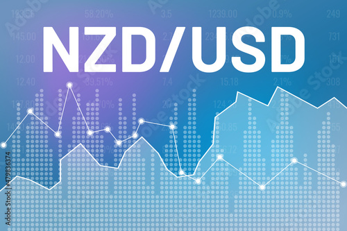Graph currency pair NZD, USD on blue finance background from columns, lines, number