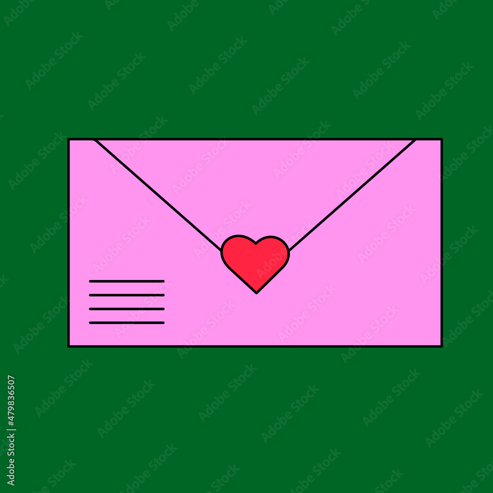 Closed pink envelope with heart stamp. A simple flat envelope. Love letter for valentines day in flat style.