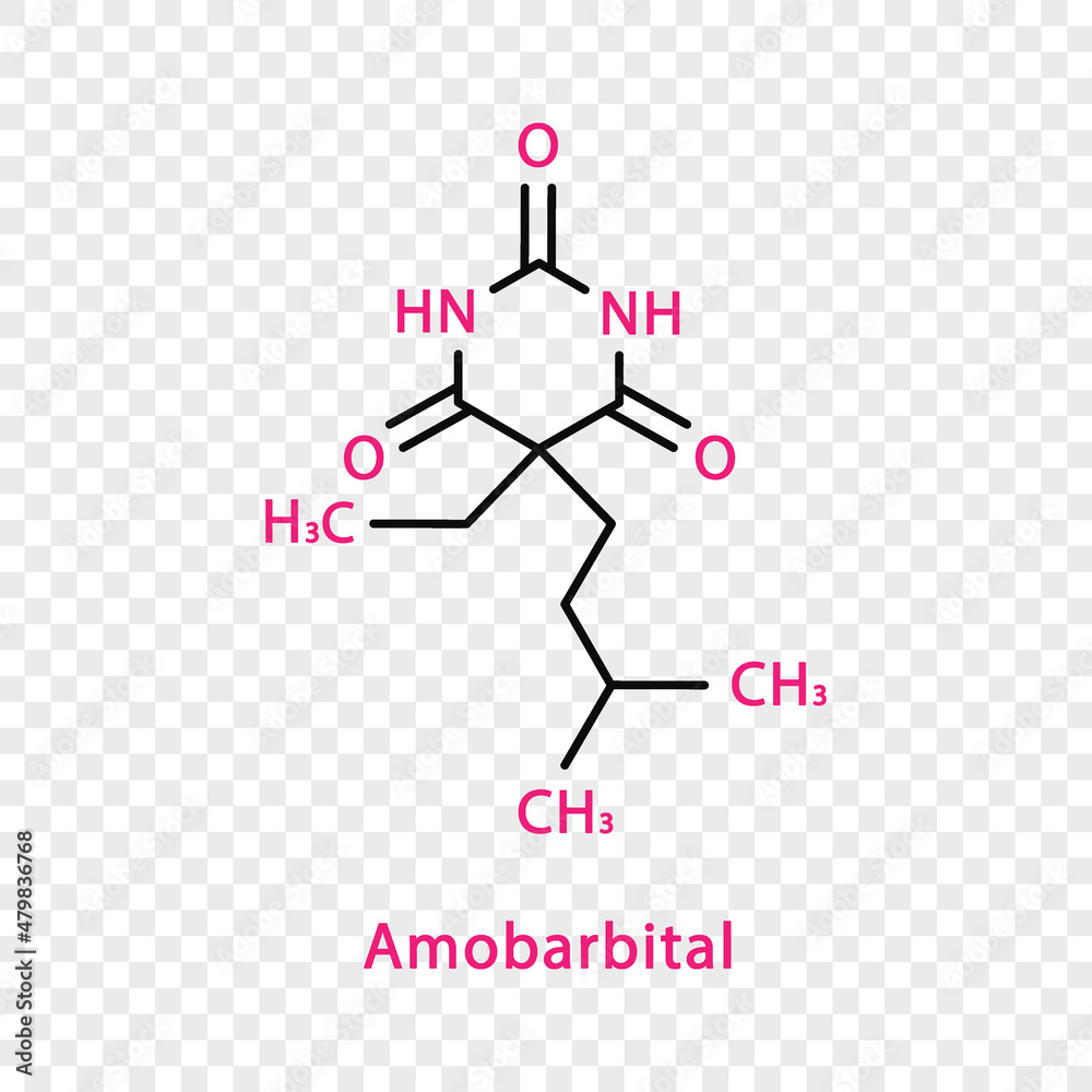 Amobarbital chemical formula. Amobarbital structural chemical formula isolated on transparent background.