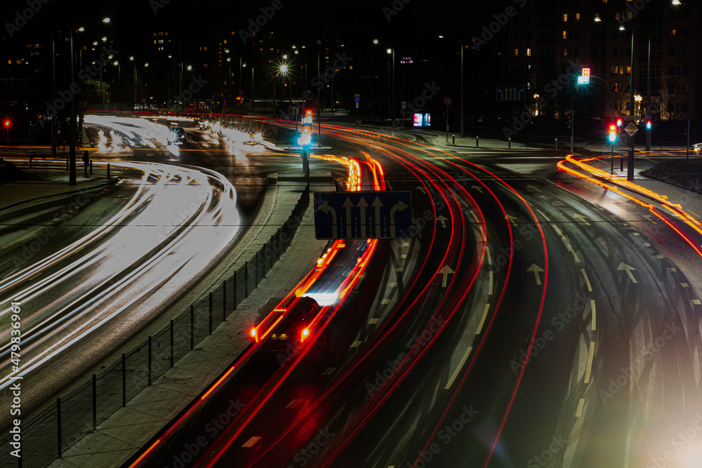 Long exposure road in Vilnius, red and white Long exposure road in Vilnius, red and white