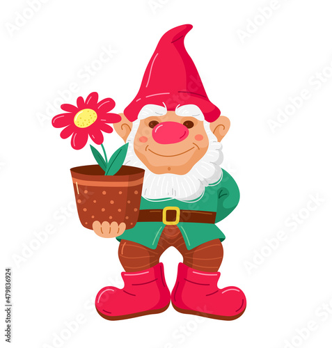 Garden dwarf or gnome with flower pot. Cute fairytale character for landscape design. Vector flat hand drawn Illustration isolated on white background
