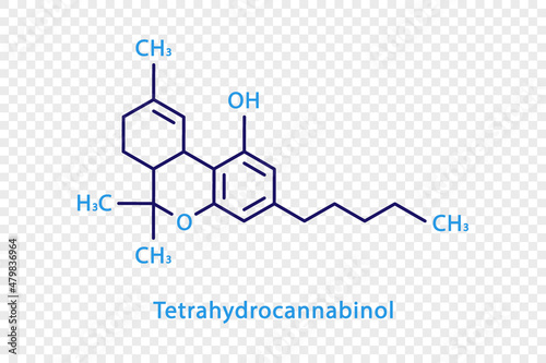 Tetrahydrocannabinol chemical formula. Tetrahydrocannabinol structural chemical formula isolated on transparent background.