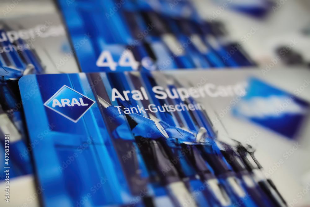 Viersen, Germany - December 9. 2021: Closeup of Aral supercard 44 Euro fuel  voucher card Stock Photo | Adobe Stock