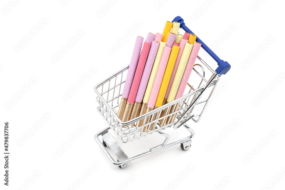 Shopping chart or supermarket trolley with cigarettes of different color Shopping chart or supermarket trolley with cigarettes of different color