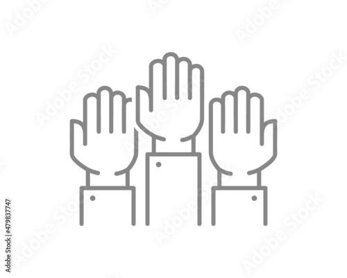 Three raised hands line icon. Cooperation, teamwork symbol