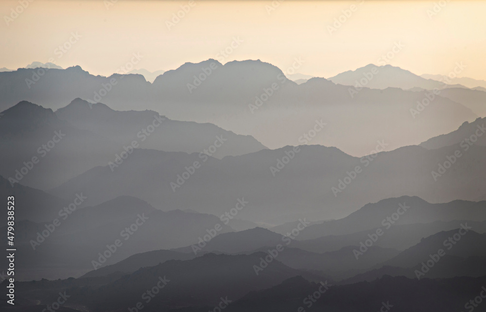 Mountain layers at sunrise on the top of Mousa Mountain in Egypt, South Sinai