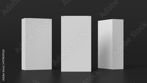 Gift box mock up: three flat, tall and wide white boxes on black background. Front view.