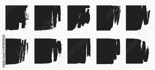 Brush shading texture collection. Black paint, ink texture isolated on transparent background. Graphic artistic elements in grunge style. Ideal for background, frame, corner composition. Vector.