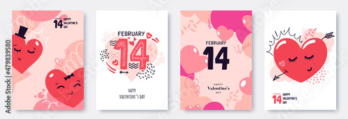 Valentines day posters collection in cartoon flat style. Creative greeting cards for February 14. Love background with hearts. Ideal for flyers, invitation, brochure, banner. Vector illustration.