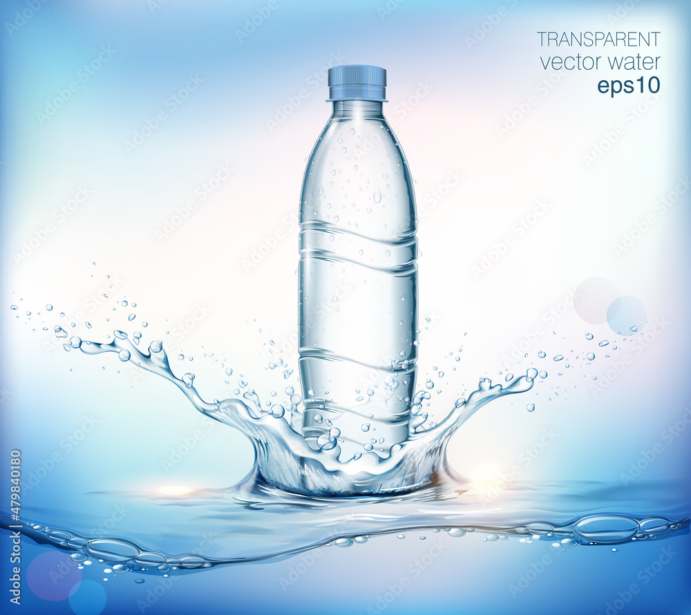 Transparent realistic vector mineral water plastic bottle for your advertising with water splash and drops. Blue background  - obrazy, fototapety, plakaty 