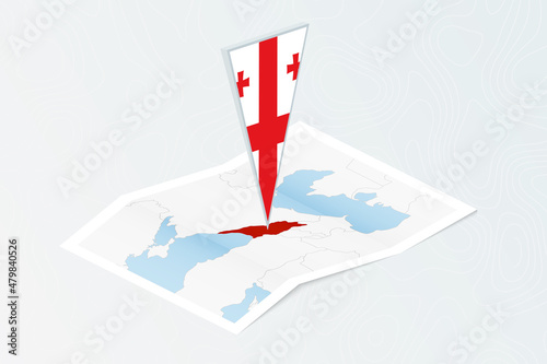 Isometric paper map of Georgia with triangular flag of Georgia in isometric style. Map on topographic background.