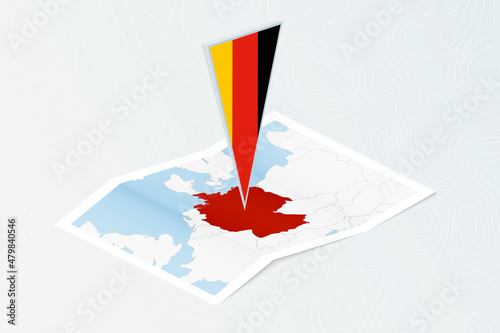 Isometric paper map of Germany with triangular flag of Germany in isometric style. Map on topographic background.