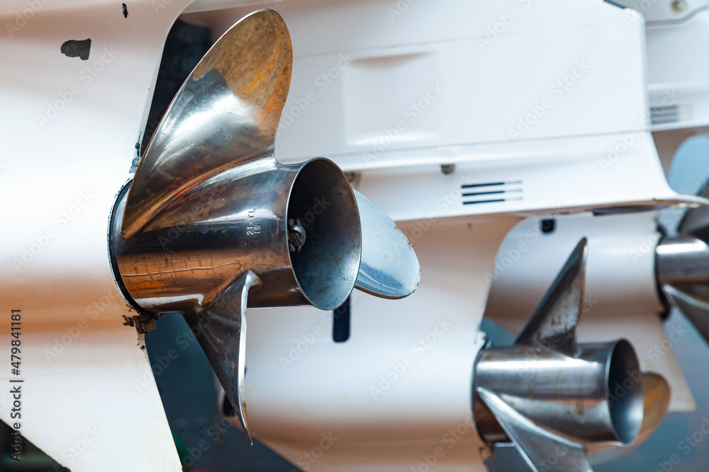 Motor propellers for motor yachts and boats closeup. The motors are