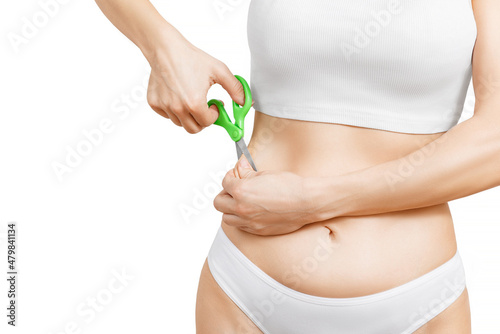 fat woman cut belly fat liposuction concept isolated on white background