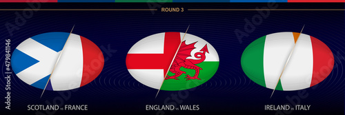 Rugby Tournament round 3, ball shaped rugby icon on blue background.
