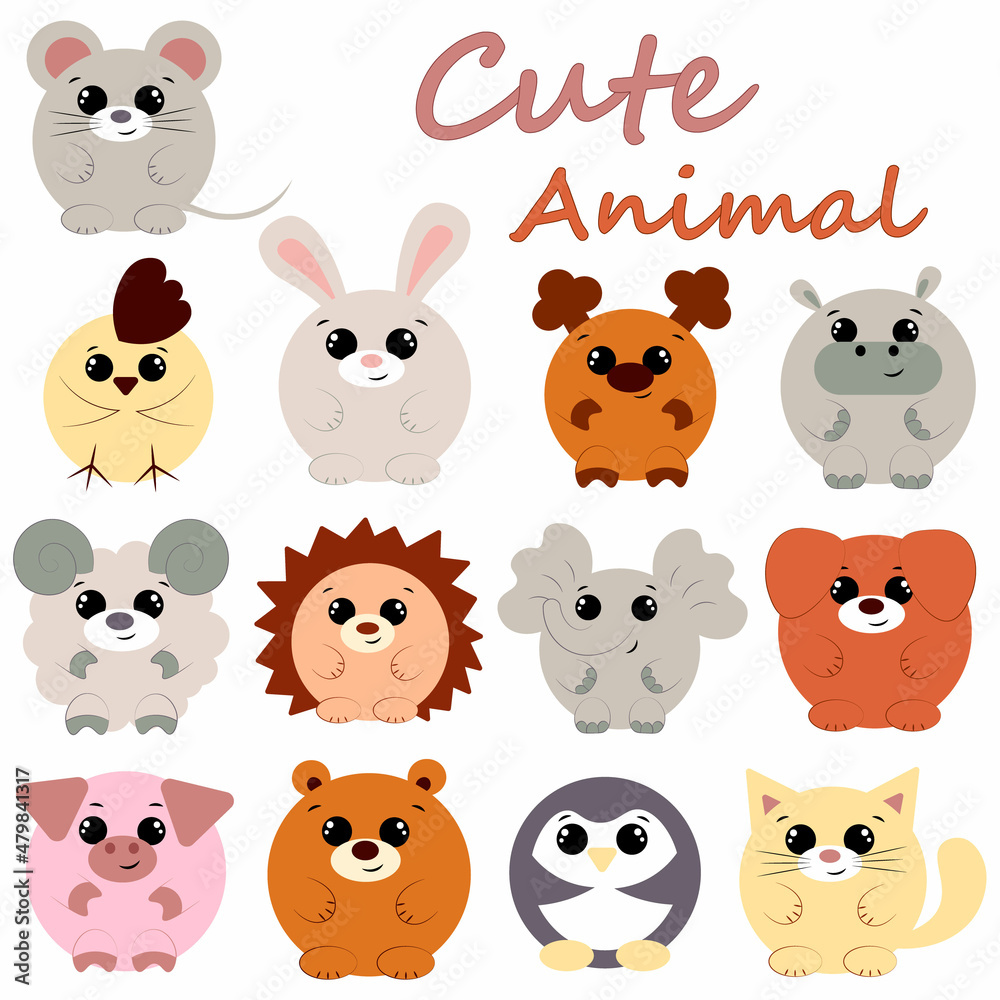 Fototapeta premium Set cute cartoon round animals. Draw illustration in color
