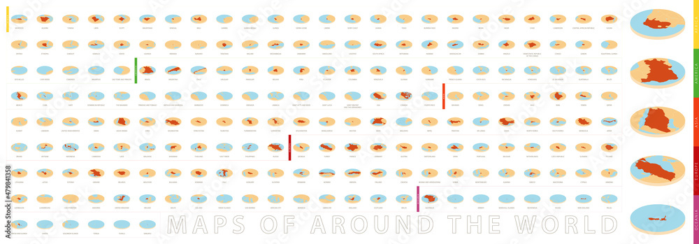 Set of orange round map in isometric style, maps of around the world. Set of orange round map in isometric style, maps of around the world.