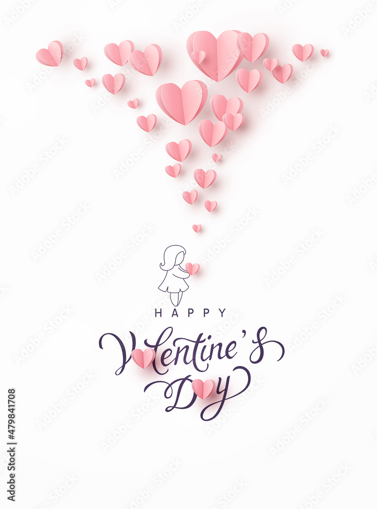 Valentine's Day postcard with girl and pink flying balloons on white background. Romantic poster. Vector paper symbols of love in shape of heart for greeting card design