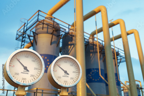 Fototapeta Close up of pressure gauge showing low gas pressure at natural gas factory with