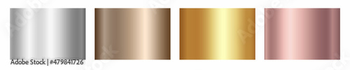 Gold rose, silver, bronze and golden foil texture gradation background set. Vector shiny metalic gradients for border, frame, ribbon, label design