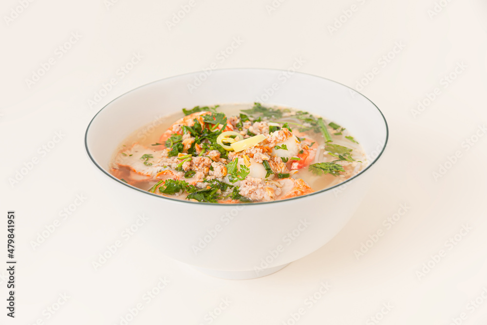 Nam Vang noodles soup, Vietnamese food isolated on white background, perspective view Nam Vang noodles soup, Vietnamese food isolated on white background, perspective view