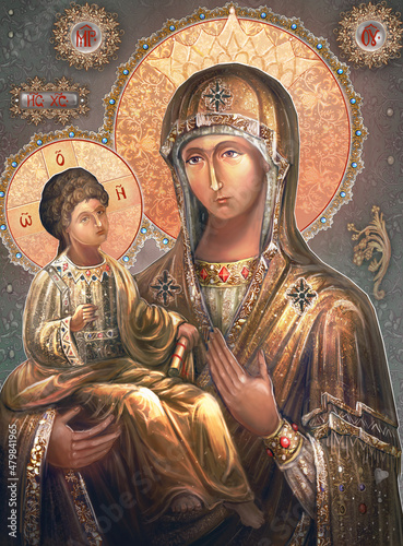 Digital illustration icon of Virgin Mary with Jesus Christ