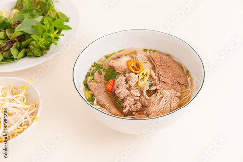 Pho, Vietnamese rice noodles soup, Vietnamese food isolated on white background,close-up