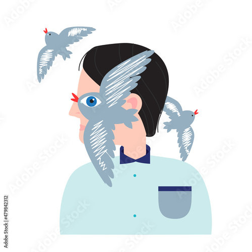 Person with birds above his head. Mental health concept. Abstract vector illustration for people mood and states of mind