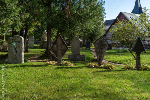 Gravestones in the old cemetery on a sunny day.