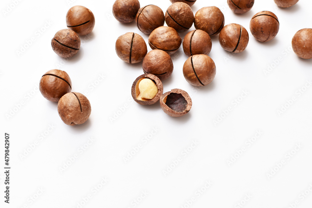 a scattering of macadamia nuts on a white background a scattering of macadamia nuts on a white background