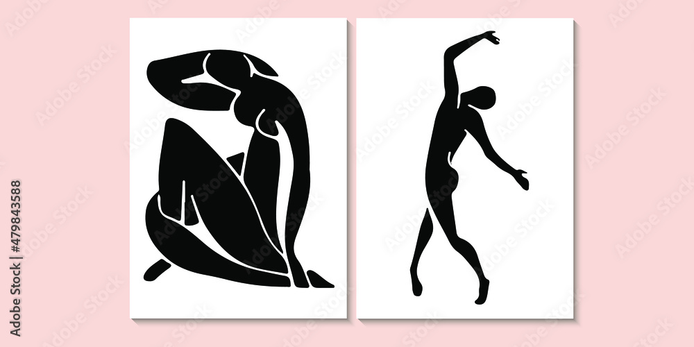 Matisse style. Female body trendy creative artistic poster. Wall decor, hand drawn collage set. Vector illustration.