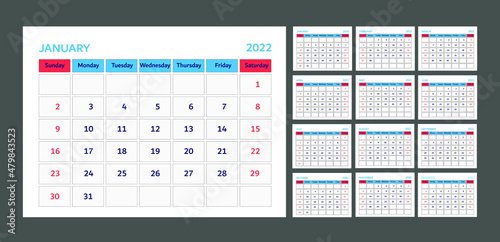calendar set 2022. flat, simple calendar template with twelve months on dark gray background. week starts on sunday