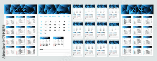 calendar set 2022. 2023 simple wall calendar. template, planner, design poster. week starts sunday