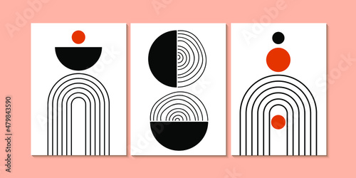 Black and white Set of abstract poster with geometric shapes. Modern boho minimalist art. Wall decor, cover, print, card. Vector illustration.