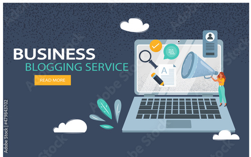Business blogging, blog post publication, creating blog post, content marketing network - conceptual vector illustration with icons