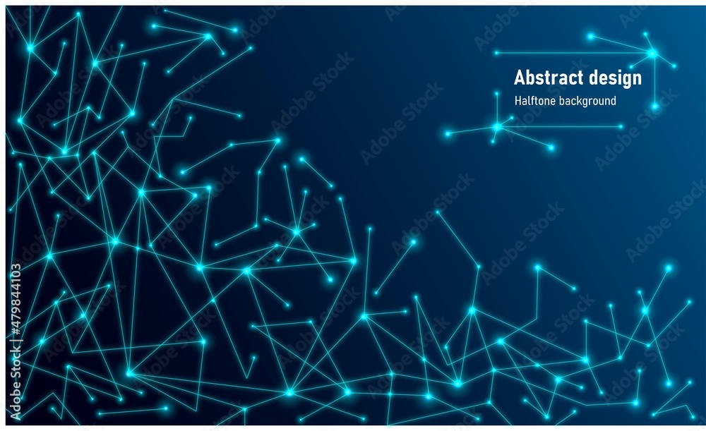 Geometric neon background. Design luminous connected lines and dots. Structure molecule. Texture chaotic LED grid. Technology poster. Constellations. Starry sky, twinkling stars. Vector illustration