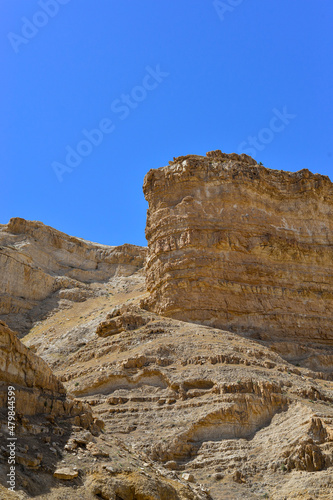 Mountain landscape, desert. Stony desert panoramic view. Unique relief geological erosion land form. Stone Desert on the West Bank. Judean Desert in clear weather.  © Anastasia