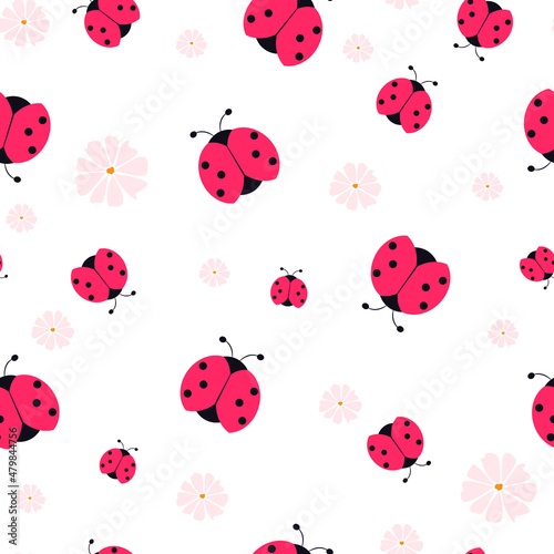 Cartoon ladybugs seamless pattern. Cute red beetles and chamomile flowers on a white background. Lady bugs symbol of love and kindness. Abstract texture with insects.