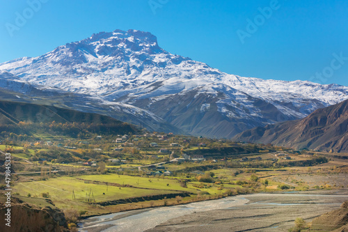 Panoramic view of Shalbuzdag mountain, Dagestna, Russia. Villages at the foot of the Shalbuzdag Mountain and the Samur River. Dokuzparinsky District near the border of Russia and Azerbaijan