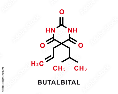 Butalbital chemical formula. Butalbital chemical molecular structure. Vector illustration