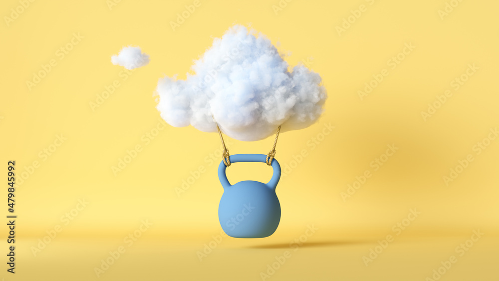 3d render, blue heavy weight is hanging under the levitating cloud, isolated on yellow background. Modern minimal scene. Abstract paradox metaphor - obrazy, fototapety, plakaty 